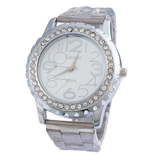 Souarts Damen Silber Farbe Edelstahl mit Strass Armbanduhr Quartzuhr Analog Armreif Uhr mit Batterie