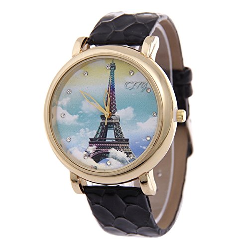 Souarts Damen Schwarz Eiffelturm mit Strass Kunstleder Armbanduhr Quartzuhr Analog Armreif Uhr mit Batterie