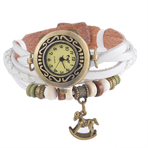 Souarts Damen Weiss Retro Geflochten Schaukelpferd Zifferblatt Armbanduhr Quartzuhr Analog Armreif Uhr mit Batterie