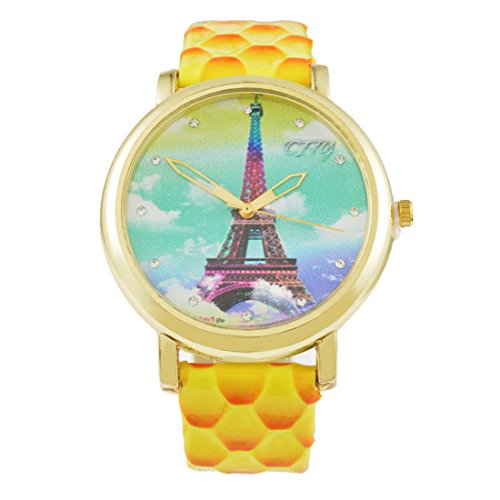 Souarts Damen Kunstleder Eiffelturm Armbanduhr mit Strass Quartzuhr Analog mit Batterie Gelb