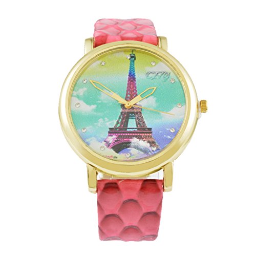 Souarts Damen Kunstleder Eiffelturm Armbanduhr mit Strass Quartzuhr Analog mit Batterie Rosa