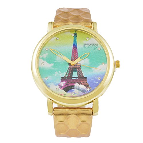 Souarts Damen Kunstleder Eiffelturm Armbanduhr mit Strass Quartzuhr Analog mit Batterie Golden Farbe