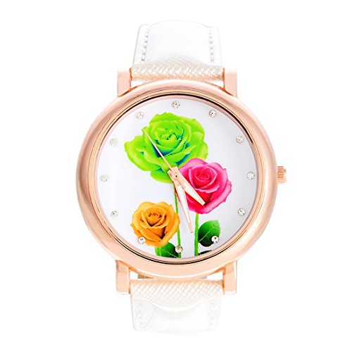 Souarts Damen Weiss Rosegold Farbe Strass Rose Armbanduhr Sommer Uhr Quartzuhr Analog mit Batterie