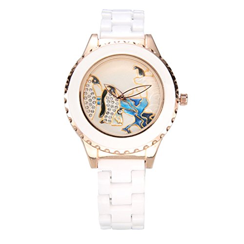 Souarts Damen Rosegold Pinguin Keramik Armbanduhr Uhr mit Strass Zifferblatt Quarzuhr Analog Quartzuhr mit Batterie