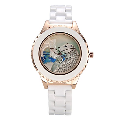 Souarts Damen Rosegold Polarbaer Keramik Armbanduhr Uhr mit Strass Zifferblatt Quarzuhr Analog Quartzuhr mit Batterie