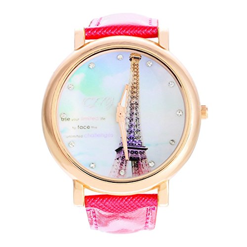 Souarts Damen Fuchsie Rosegold Farbe Strass Eiffelturm Armbanduhr Sommer Uhr Quartzuhr Analog mit Batterie