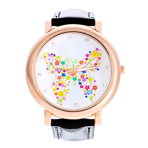 Souarts Damen Schwarz Rosegold Farbe Strass Schmetterling Armbanduhr Sommer Uhr Quartzuhr Analog mit Batterie