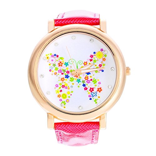 Souarts Damen Fuchsie Rosegold Farbe Strass Schmetterling Armbanduhr Sommer Uhr Quartzuhr Analog mit Batterie