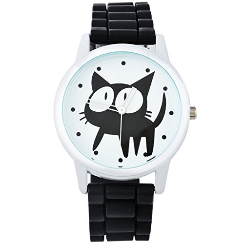 Souarts Zeiger Uhr Schwarz Silikagel Armbanduhr Schoene grosse Augen Katze Muster Stil mit Batterie
