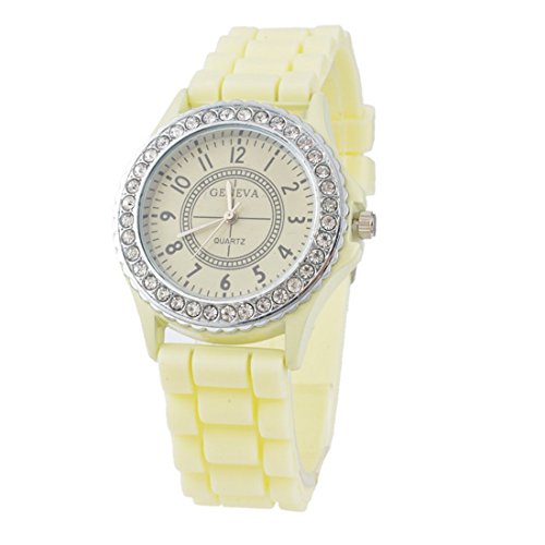 Souarts Quarzuhr Hellgelb Silikagel Armbanduhr Mode einfassen Kuenstliche Diamanten Digital Zeiger Uhr mit Batterie
