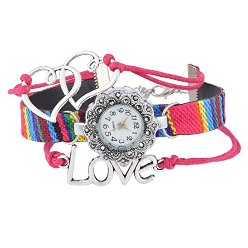 Souarts Damen Fuchsie Retro Stil Streifen LOVE Armbanduhr mit Strass Quartzuhr Analog mit Batterie