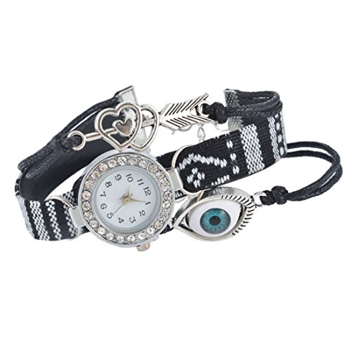 Souarts Damen Schwarz Retro Stil Streifen Auge Armbanduhr mit Strass Quartzuhr Analog mit Batterie