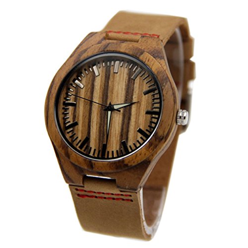 Souarts Damen Braun Bambus Holzuhr Streifen Lederarmband Armbanduhr Quartz Analog mit Batterie