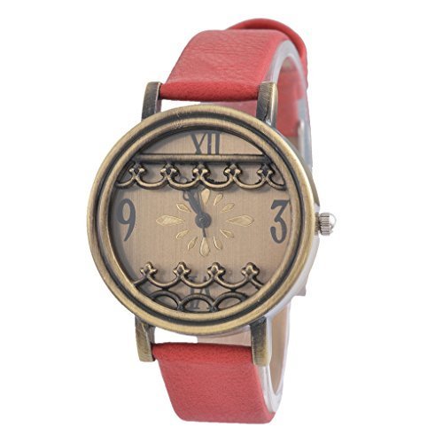 Souarts Damen Retro Rot UEberzogene Hohle Armbanduhr Quartz Analog Armreif Uhr mit Batterie