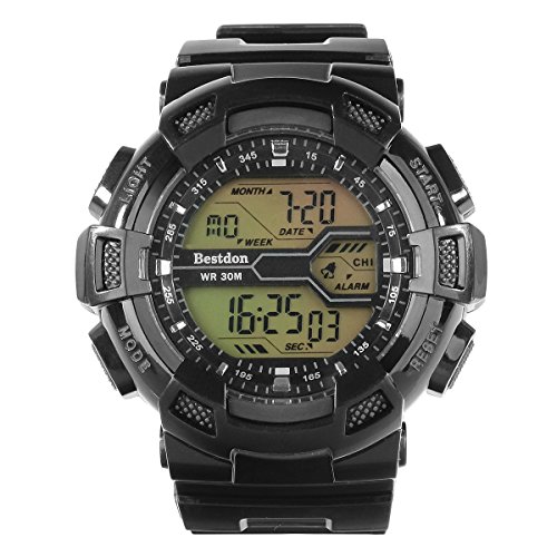 Souarts Herren Wasserdicht Armbanduhr Zeitanzeige Sport Digital Quarzuhr LED Silikon Band Digitaluhr mit Datum Schwarz