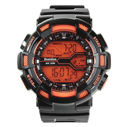 Souarts Herren Wasserdicht Armbanduhr Zeitanzeige Sport Digital Quarzuhr LED Silikon Band Digitaluhr mit Datum Orange