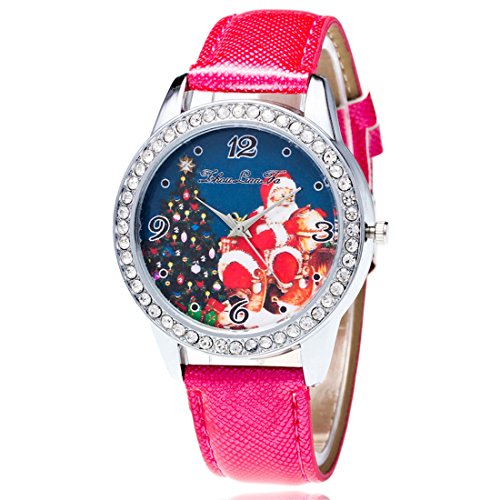 Souarts Damen Weihnachtsmann Retro Einfach Design Kunstleder Armbanduhr mit Strass Quartzuhr Analog mit Batterie Fuchsie