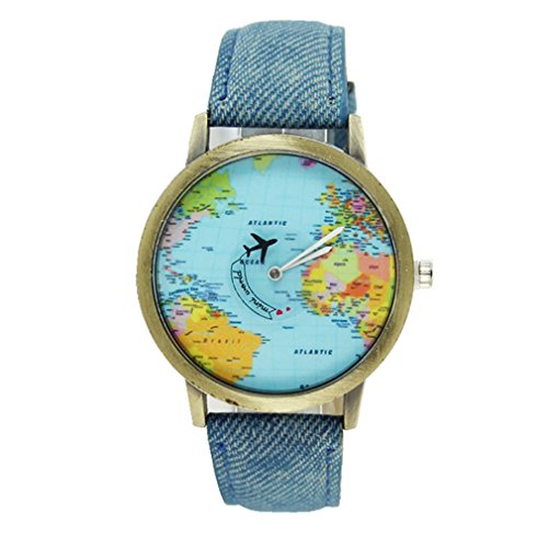 Souarts Damen Blau Weltkarte Armbanduhr Quartzuhr Analog Armreif Uhr mit Batterie