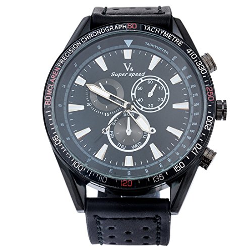 Souarts Herren Schwarz 3 Zifferblatt Leder Armbanduhr Quartzuhr Uhr mit Batterie