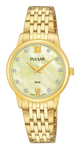 Pulsar 28mm Armband Edelstahl Gold Gehaeuse Quarz Zifferblatt Perlmutt Analog PM2206