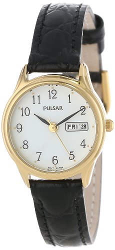 Pulsar PXU012 Womens Gold Tone Black Leather Strap White Dial Watch