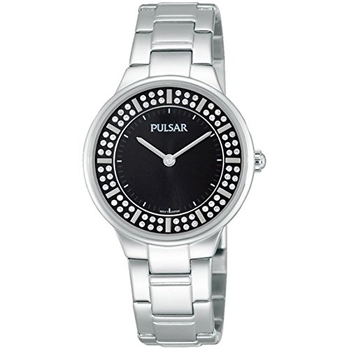 Pulsar Watches Ladies All Silver Steel Stone Set Dress Watch With Black Dial
