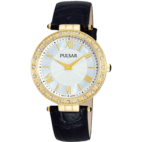Pulsar Watches Ladies Gold Tone Stone Set Dress Watch With Mother Of Pearl Dial