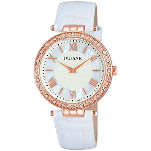 Pulsar Watches Ladies Rose Gold Tone Stone Set Dress Watch With Mother Of Pearl Dial