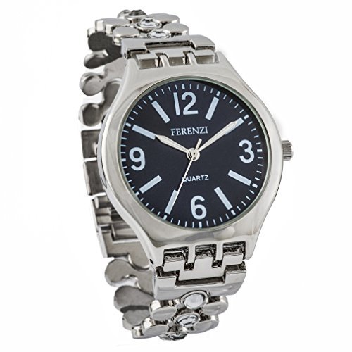 ferenzi Damen stylischer Silber mit Marineblau Zifferblatt und Kristall Nieten Kette Link Armband Armbanduhr fz12002