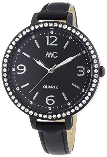 MC Timetrend Damen-Armbanduhr mit Kristallsteinen, schwarzes Zifferblatt und Lederband, Analog Quarz 51297