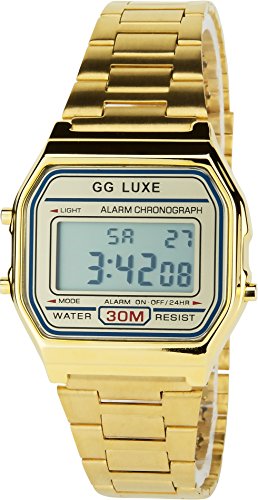 GG LUXE Gold Quarz Stahl Rechteck Alarm Chronometer Licht Anzeige Digital Led Water Resist 3 ATM Sport Armband Gold Stahl