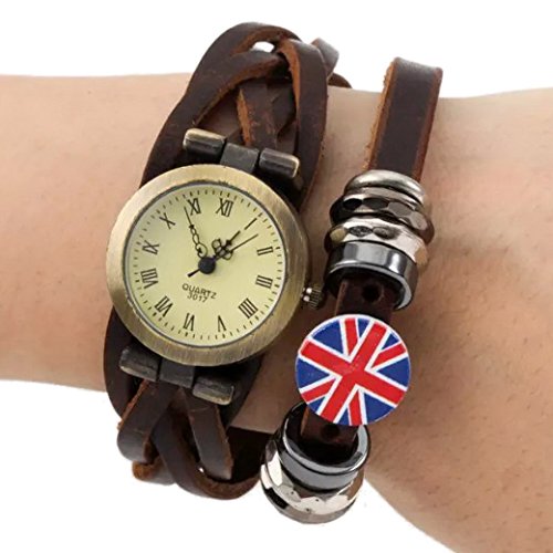 Tangda Damen Armband Uhr Retro Hip hop Punk Quarzuhr Lederarmband Flagge Muster Armbanduhr Wrist Watch Braun