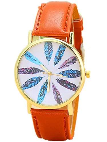 Thalia Multi-color Feather Watch Mode Mehrfarben-Feder Damen Armbanduhr Analog Quarz Lederband Damenuhr Braun  Gold Brown