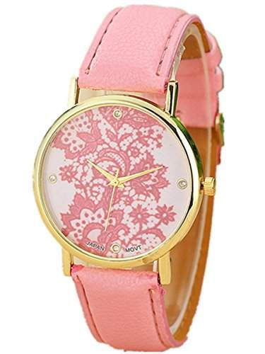 Thalia Lace Watch Mode Spitzenborte Damen Armbanduhr Analog Quarz Lederband Damenuhr Pink  Gold