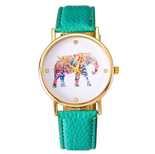 Thalia Elephant Watch Mode Bunten Elefant Damen Armbanduhr Analog Quarz Leder Damenuhr Mint Green  Gol