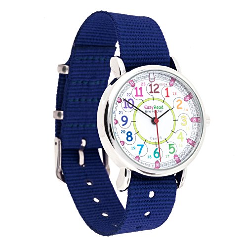 Easyread Time Teacher Kinderarmbanduhr 12 und 24 Stunden Anzeige Regenbogenfarben Marineblaues Armband