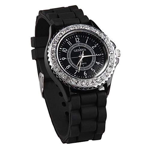 Skyllc® 41mm Rund Metall Strass Silikon Armbanduhr Uhr Damenuhr Armschmuck Schwarz TREND