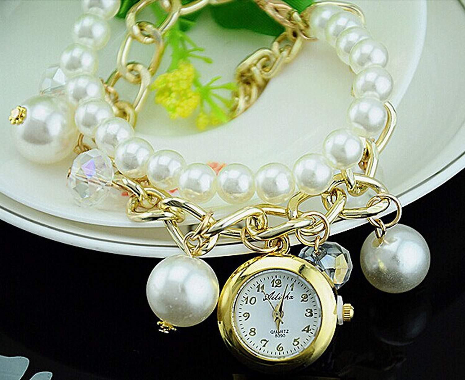 Popbop Damen Analog Digital Quartz Faux Pearl Crystal Pendant Chain Bracelet Uhren Armbanduhren Wrist Watch Weiss