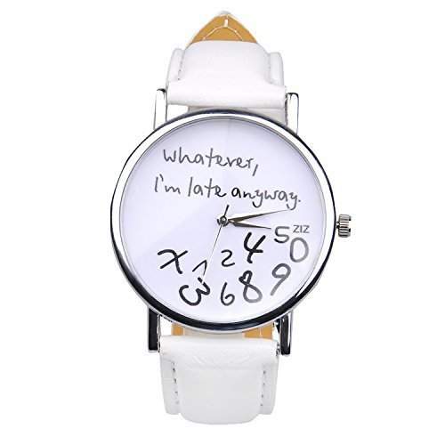 Popbop Damen Unisex Faux Leder Whatever, Im late anyway Analog Digital Quartz Uhren Armbanduhren Wrist Watch Weiss