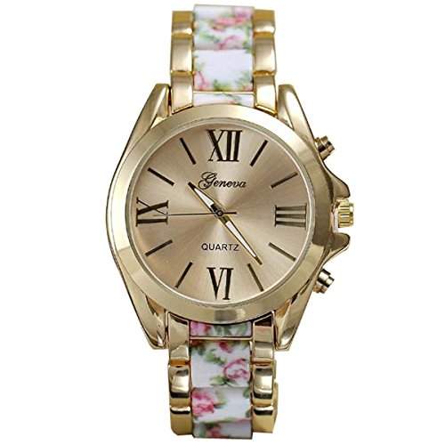 XLORDX Gold Uhr Floral Elegante Damen Herren Uhr Edelstahl Armbanduhr Damenuhr Herrenuhr Weiss