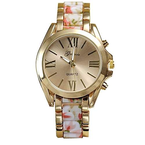XLORDX Gold Uhr Floral Elegante Damen Herren Uhr Edelstahl Armbanduhr Damenuhr Herrenuhr Pink