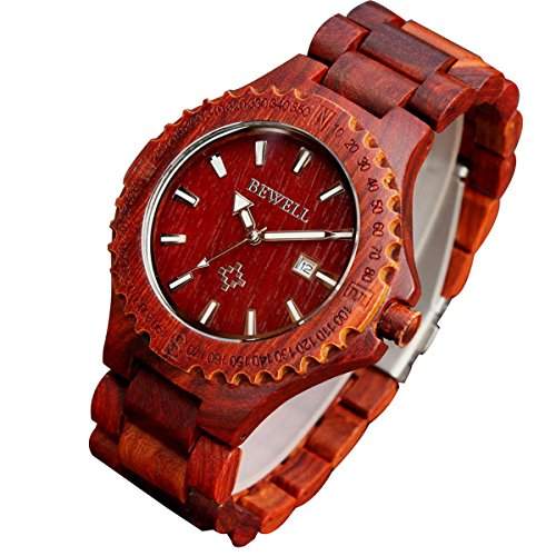 XLORDX Holzuhr Rote Datum Armbanduhr Herrenuhr aus Holz Freund Ehemann Geschenk Gift Watch