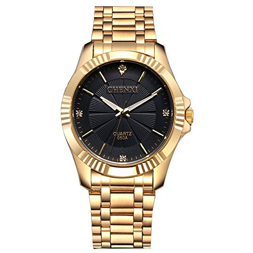 XLORDX Luxus Analog Quarz Gold Uhr mit Edelstahl Armband Schwarz Zifferblatt