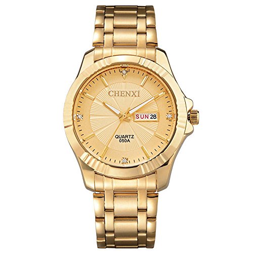 XLORDX Luxus Datum Analog Quarz Gold Uhr mit Edelstahl Armband Gold Zifferblatt