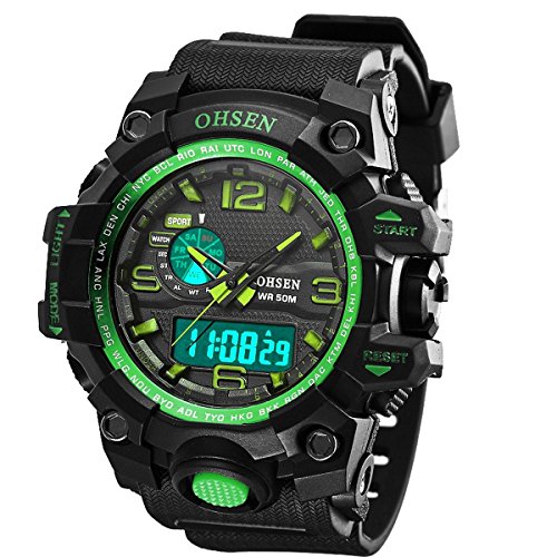 XLORDX Herren Sport LED Armbanduhr Resin Analog Digital Quarz Kalender Alarm Chronograph 5ATM wasserdicht Gruen