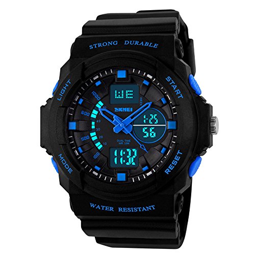 XLORDX SKMEI Herren LED Sport Armbanduhr Silikone Analog Digital Quarz Kalender Alarm Chronograph 5ATM wasserdicht Blau