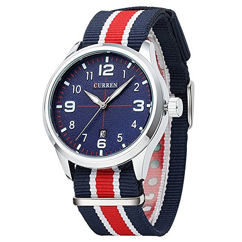 XLORDX Curren Herren Damen Sport Armbanduhr Textilband Datum Kalender Analog Quarz Zeitloses Design Blau