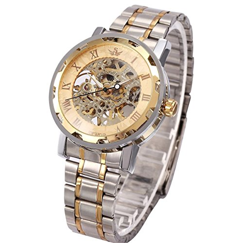 XLORDX Gold Edelstahl Armbanduhr Skelett mechanische Mechanisch Uhr Sportuhr