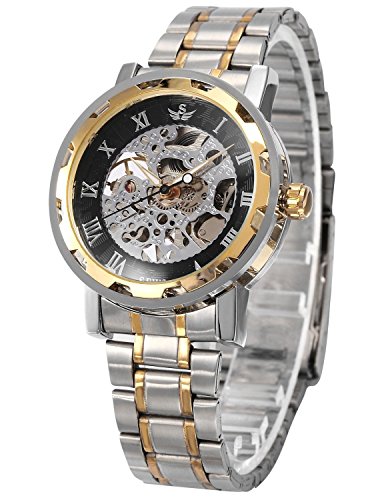 XLORDX Gold Schwarz Edelstahl Armbanduhr Skelett mechanische Mechanisch Uhr Sportuhr