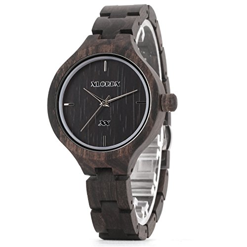 XLORDX Holzuhr Schwarz Bambus Handgefertigte Sandelholz Silber Armbanduhr aus Holz